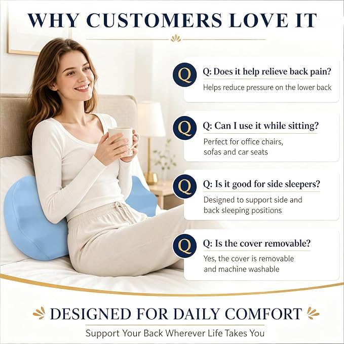 Fledano Lumbar Support Pillow for Bed – Memory Foam Lower Back Pain Relief Pillow for Sleeping, Ergonomic Lumbar Pillow for Side & Back Sleepers, Sciatica & Hip Pain Relief, Washable Cooling Cover