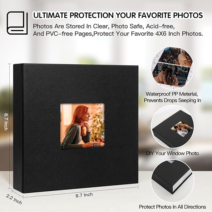 4x6 Photo Album Holds 240 Photos with Writing Space, Leather Cover Picture Book with Front Window for Family Wedding Baby Travel & Graduation Memories, Black