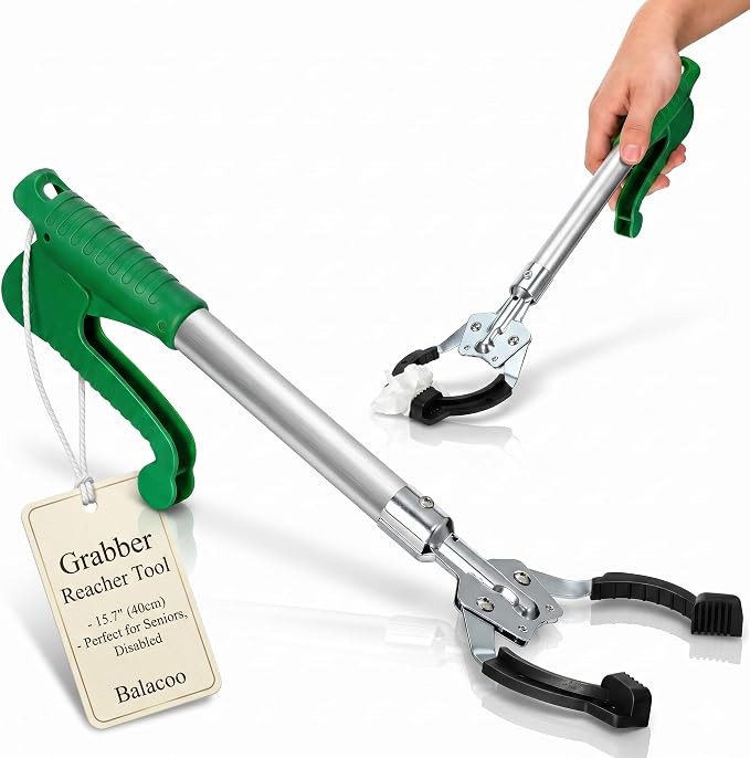 Balacoo Grabber Reacher Tool, Compact 15.7" Ergonomic Short Reacher Grabber | Heavy Duty Aluminum Pickup Aid for Seniors, Disabled, Portable Grabber Tool & Reaching Claw for Trash Bottles Objects Pickup