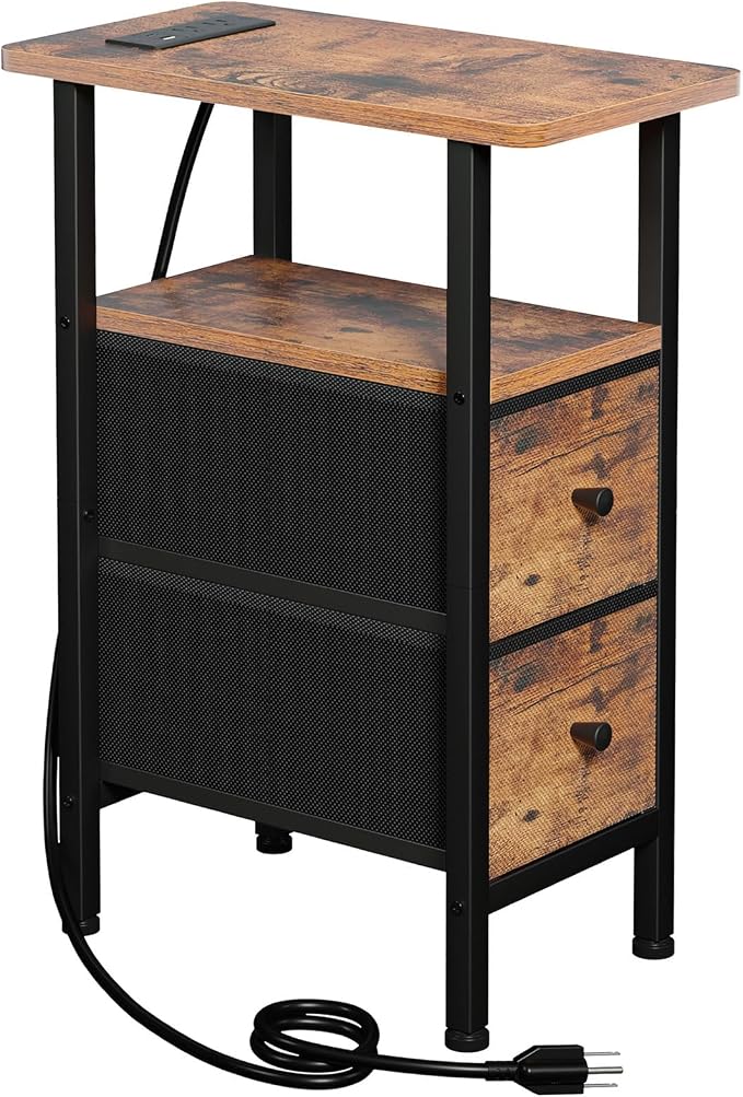 Narrow End Table with Charging Station, Small Nightstand | Skinny Side Tables Living Room with 2 Fabric Drawers, Slim Bedside Table for Bedroom, Small Spaces, Couch, Brown