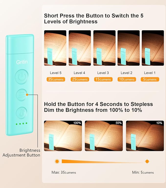 Gritin Book Light Rechargeable, Clip on LED Reading Light for Books in Bed | Eye Caring 3-Color & 5-Brightness, Stepless Dimming, Long Lasting, Compact Size Flexible Book Lamp for Bookworms-Blue