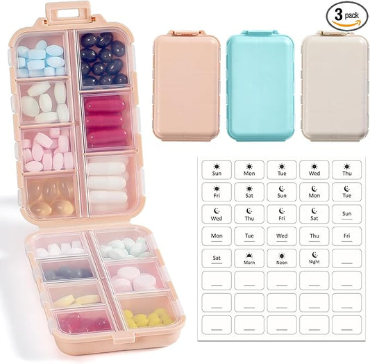 3 Pack, 14 GRIDS Travel Pill Organizer Box with Labels - Travel Medicine Case Kit - Pocket Daily Pharmacy Container - Travel Medication Holder Dispenser for Fish Oil Vitamin Supplement Storage