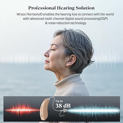 Harmony10 Rechargeable Hearing Aids for Seniors & Adults – Advanced Multi-Channel Digital BTE Hearing Device with Charging Case, Auto-On/Off, Clear Sound Quality, and Tinnitus Masking