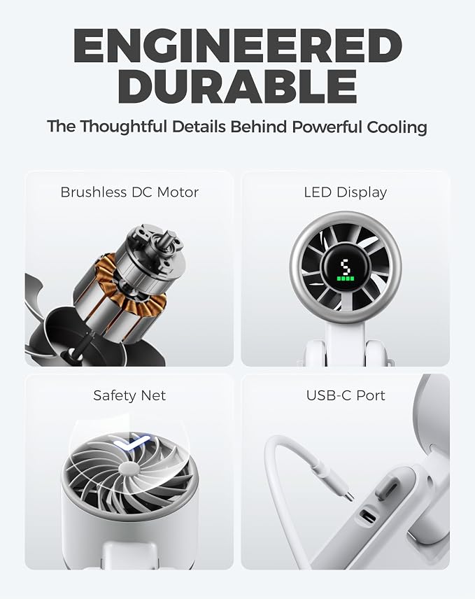 Diveblues Portable Handheld Turbo Fan, 5 Gear Wind, Battery Operated, Up to 12 Working Hours, 3 IN 1 Hand Fan with Air Turbo Tech Cooling Fan for Outdoor Activities, Travel, Working, Silvery white