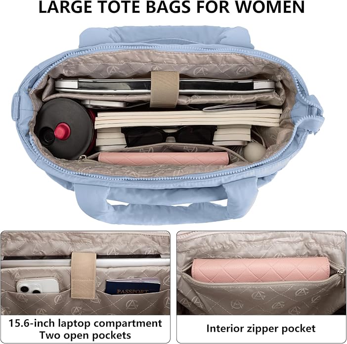 Puffer Tote Bag for Women Quilted Nurse Bag Lightweight Work Bag for Teacher Travel Handbag with Multiple Pockets
