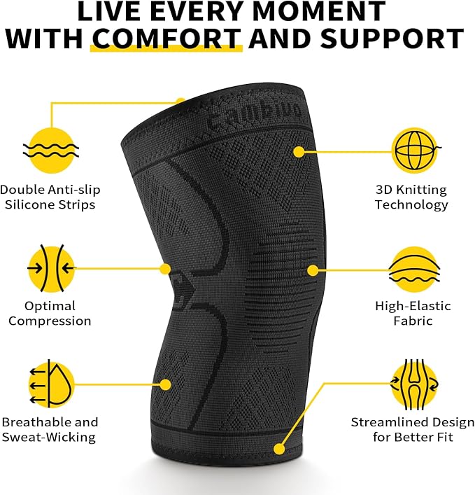 CAMBIVO 2 Pack Knee Braces for Knee Pain, Knee Compression Sleeve for Men and Women, Knee Support for Meniscus Tear, Running, Weightlifting, Workout, ACL, Arthritis, Joint Pain Relief (Black,X-Large)