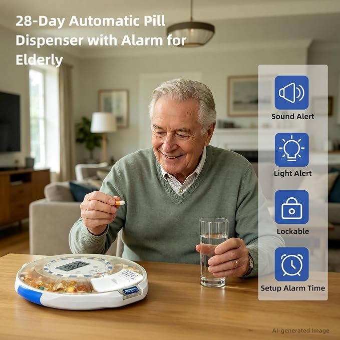 EziMedPil WiFi Automatic Pill Dispenser with Caregiver Alerts for Seniors | Real-time Caregiver App Monitoring & Adherence History Tracking, 28-Day Organizer with Sound-Light Reminders & Up to 9 Doses