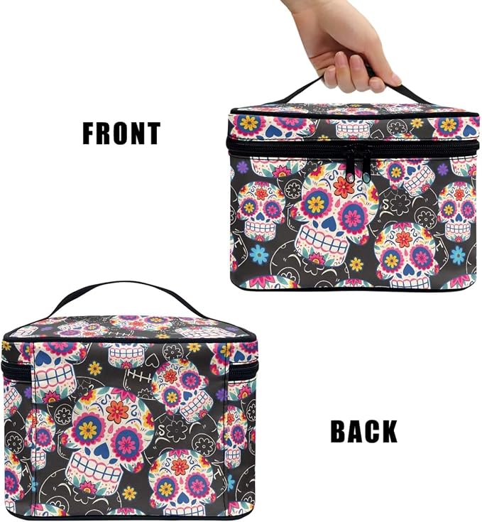 Mexican Sugar Skulls Makeup Bag for Traveling Mexico Style Women Toiletry Bag, Day Of The Dead Candy Skull Flowers Makeup Organizer Bag Large Cosmetic Accessories