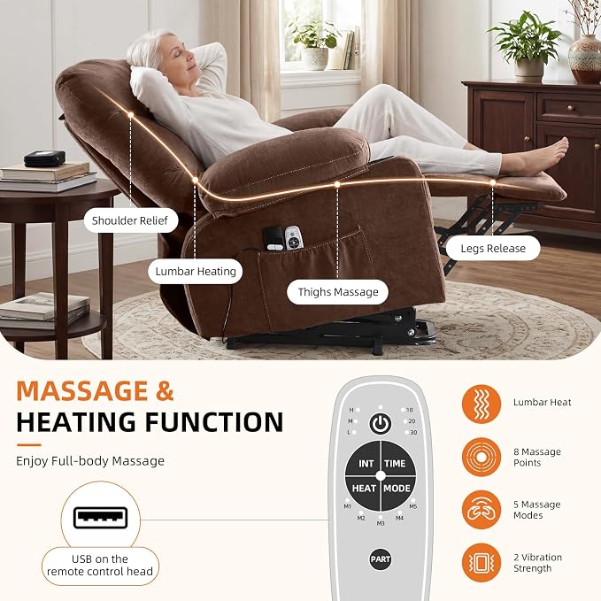 Power Lift Recliner Chair for Elderly with Vibration Massage and Lumbar Heating Electric Recliner Sofa with Cup Holders and USB Charge Port for Living Room Comfort,Deep Brown