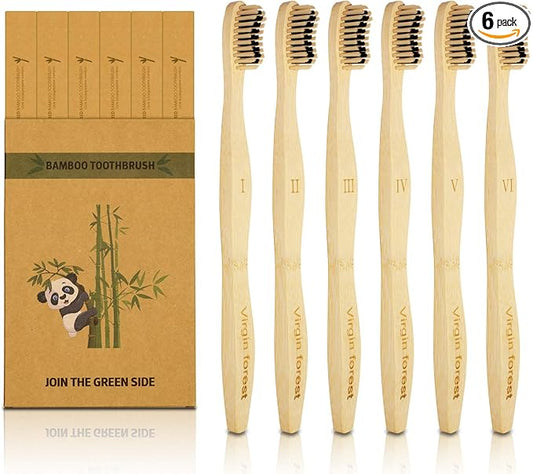 Virgin Forest Bamboo Toothbrush, Biodegradable Soft Bristles Toothbrushes, Wooden Toothbrush with Wave-Shaped Two-Color Bristles and Larger Thicker Handle (6 Pcs)