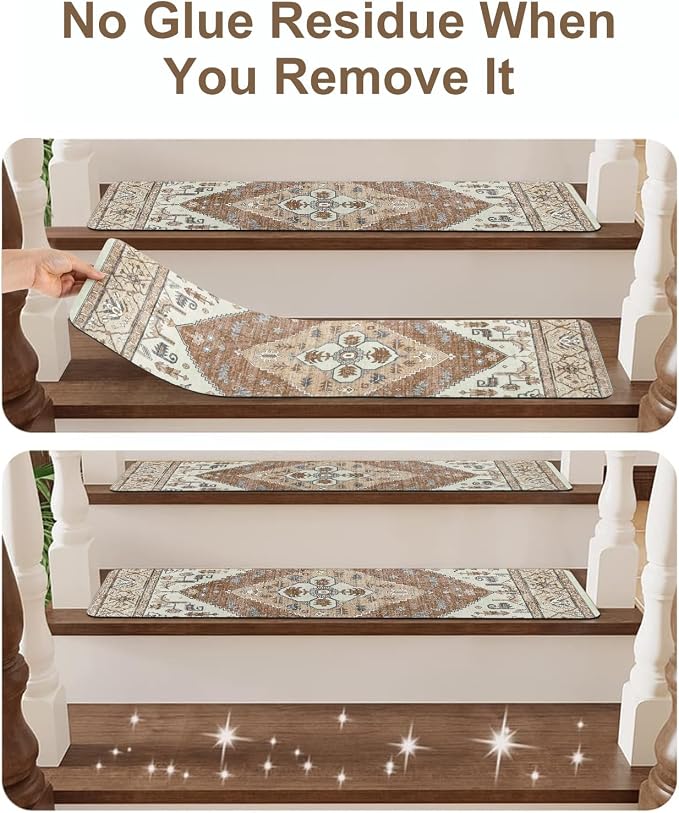 OJIA Non-Slip Stair Treads for Wooden Steps 15PC 30"X8" Indoor Stair Runner | Slip Resistant Stair Runners Stair Rugs Safety Mats for Dogs, Kids & Elders, Rubber Backed Stair Treads Stair Covers