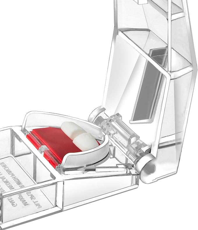 MAXSPLIT Pill Splitter and Cutter with Pill Puncher - Cuts Small and Large Pills, Vitamins, or Tablets with Stainless Steel Blade - Non-Slip Press Point Pill Splitter (Red)