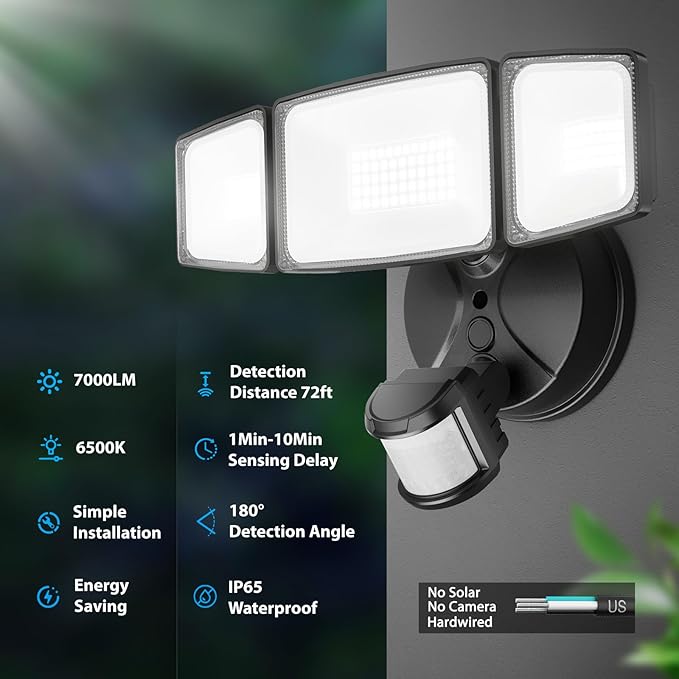 Onforu Motion Sensor Outdoor Lights, Hardwired Security Floodlights, Black | 7000LM 75W LED flood lights with movement detection, IP65 dusk to dawn outside lighting for Yard Garage, 3 Pack