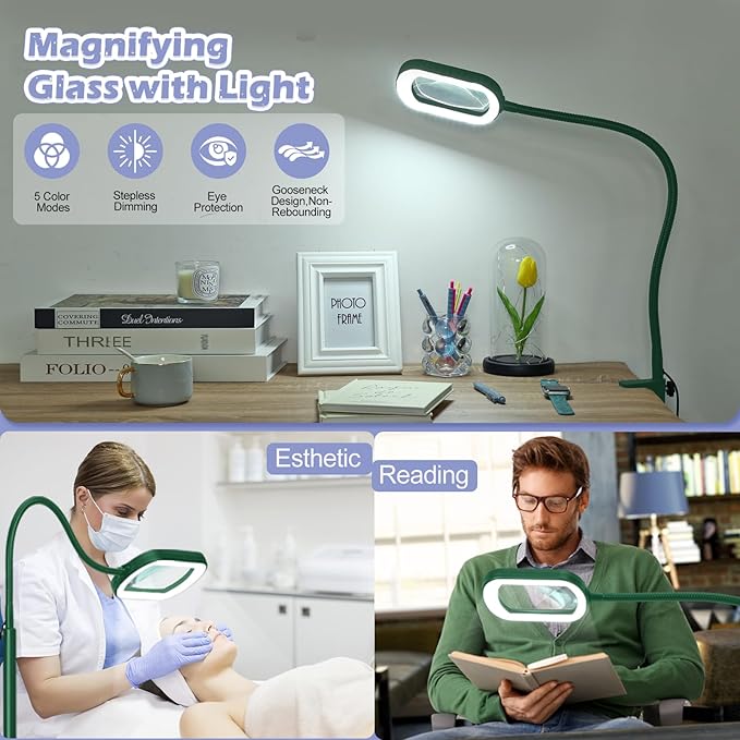 Drdefi 10X Rectangular Real Glass Magnifying Glass with Light and Stand, 24" Flexible Gooseneck Floor Lamp, 5 Color Modes Stepless Dimmable, 3-in-1 Lighted Magnifier Light Hands Free for Reading Green