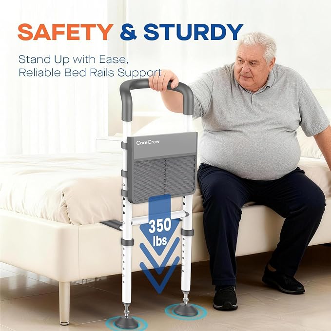 Bed Rails for Elderly Adults Safety: Bed Rails for Seniors with Motion Lights & Storage Pouch, Adjustable Bedside Grab Bar, Bed Cane with Strong Support Leg