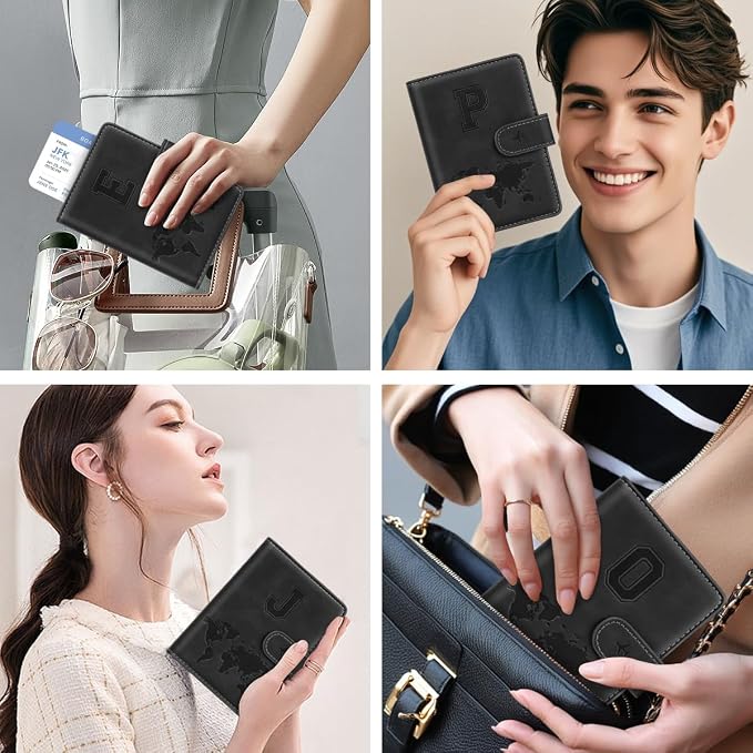 Passport Holder for Travel Essentials Personalized Initial Wallets | Embossed Letter A-Z Design, RFID Blocking, Passport Cover, Passport Book Holders, Men Women, Personalized Gifts, Black-P