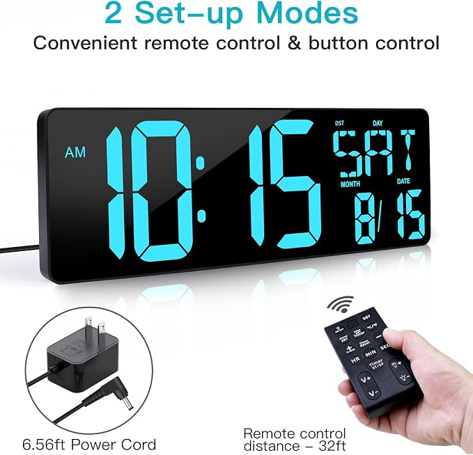 XREXS 17.2" Large Digital Wall Clock Bluetooth Sync Time, Precise Atomic Clocks with Remote Control, Adjustable Dimmer Grandfather Clock, Temperature Clock for Bedroom, Desk Alarm Clock for Teens