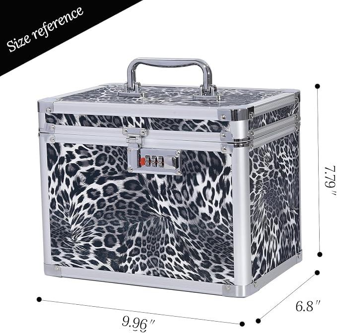 Medication Combination Lock Boxes with Code for Personal Items, Medicine Lockbox for Documents 10 x 7.25 x 7.75 Inches Black Leopard
