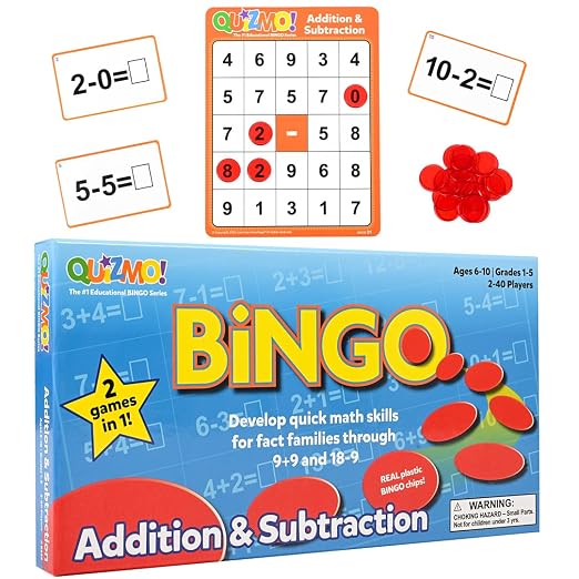 LEARNING ADVANTAGE QUIZMO Addition & Subtraction, Bingo-Style Math Game | 2 Game Modes for Ages 6-10, Teach Basic Mathematics