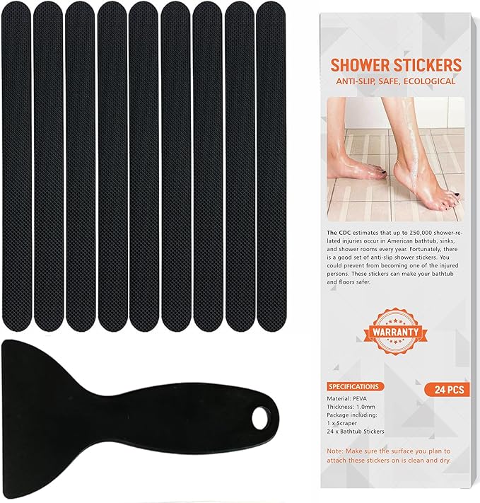 Non Slip Bathtub Stickers, 24 PCS Shower Stickers for Safety Bathroom Tubs, Bathtub Non Slip Stickers and Adhesive Decals Scraper for Bath Tub, Shower Floor, Stairs, Ladders(Black)
