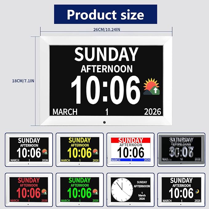 10.1 Inch White Digital Dementia Clock, Large Display Calendar Clock, 15 Medication Reminders, Auto DST, Auto Brightness Adjustment, Equipped with Remote Control (10.1inch White, Large)