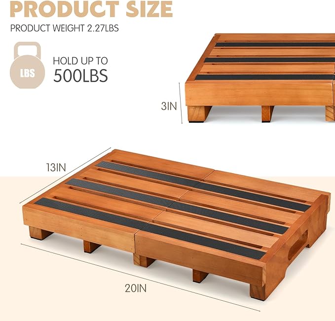 Wooden Step Stool 3 Inch One-Step Non-Slip Outdoor Platform Heavy Duty Portable Half-Step Ideal for Seniors with Knee Issues, Safe Step Stool for Outdoor Bathroom Kitchen Bed (Walnut Color)