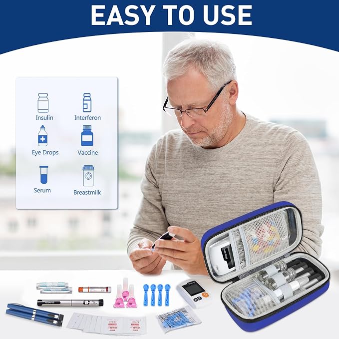 Insulin Cooler Travel Case, Portable EVA Medicine Travel Cooler, Diabetes Case with 2 Reusable Ice Packs TSA Approved for Diabetic Supplies Patent Pending(Blue-No Temp)