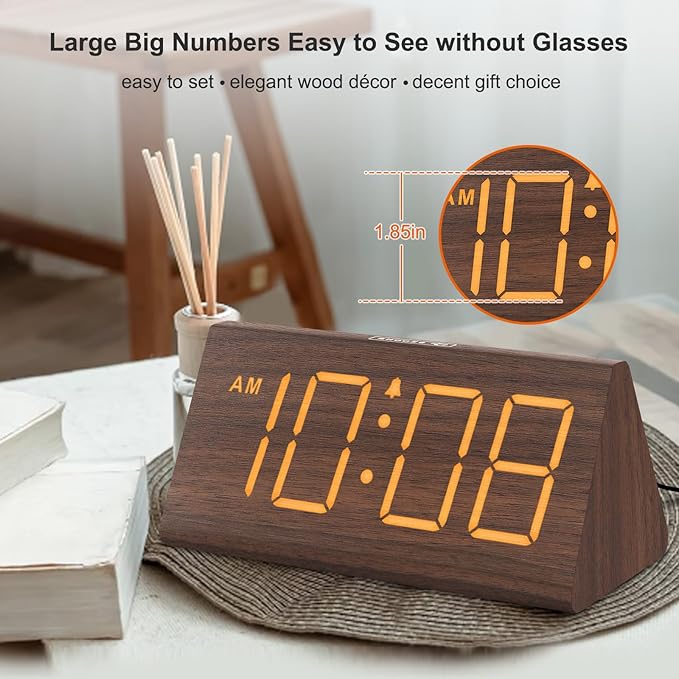 DreamSky Wooden Digital Alarm Clock for Bedrooms with Large Numbers | Electric Desk Clock, USB Port, Loud Alarm for Heavy Sleepers, Adjustable Volume, Dimmer, DST, Wood Décor Gifts, Plug in Clock