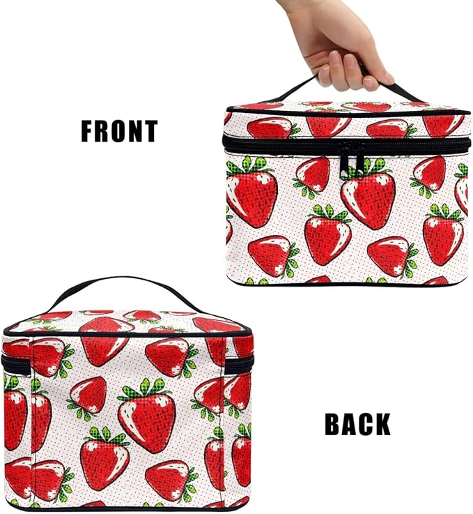 Red Strawberry Travel Toiletry Bag Kit Makeup Case for Women, Polka Dot Fruit Strawberries Dopp Kit Zipper Cosmetic Organizer Brush Holder Makeup Bag