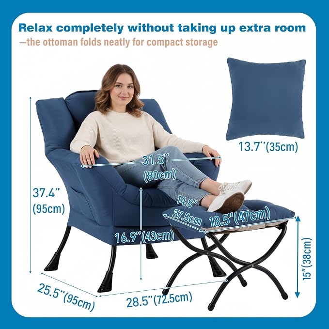 Lazy Chair with Ottoman, Comfy Reading Chair for Bedroom, Blue | Comfy Bedroom Accent Chair with Washable Removable Cover and extra throw pillow for Living Room Dorm