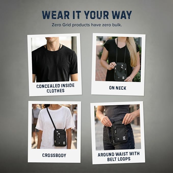 Zero Grid RFID Travel Neck Wallet, Large Passport Holder, Black | Slim & Concealable Travel Pouch for Men & Women; Holds Phone, Cash, Cards, Keys, Waterproof; 4 compartments; Adjustable Strap