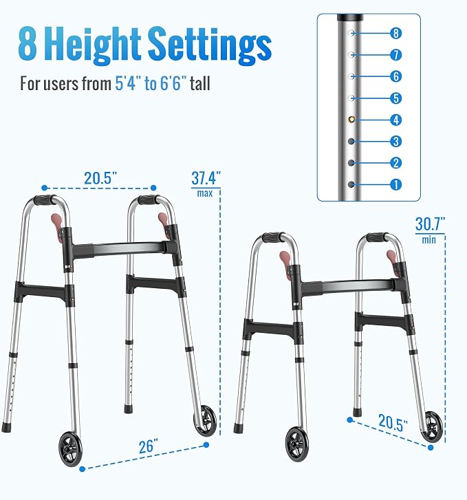 Walkers for Seniors, One-Hand Folding, 8 Height Adjustments, Walkers with Wheels, 2 Skis and 5" Wheels, Lightweight Walker for Seniors, Standard Walkers for Seniors, Aluminum Frame, Silver