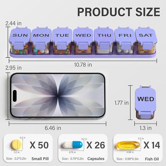 Yaklim Extra Large Weekly Pill Organizer - Waterproof 7-Day Pill Box, Portable Vitamin & Supplement Case, Easy to Open Design, Ideal for Travel and Daily Medication Management (BlackPurple)