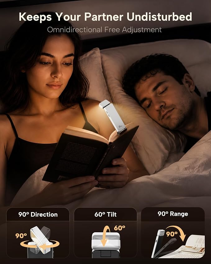 86lux Book Light, Rechargeable Clip-On LED Reading Light for Bed | 3 Color Temperatures with Stepless Dimming, Ultralight Bookmark Design for Book Lovers, White