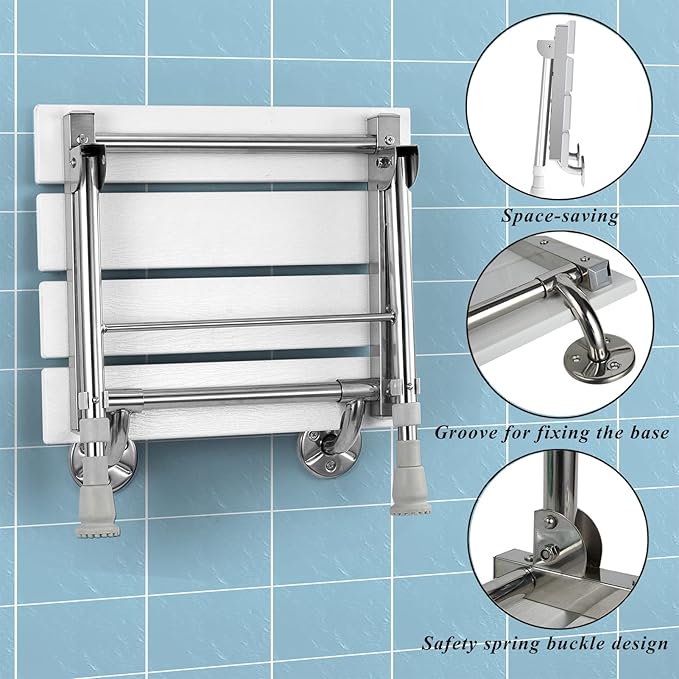 Folding Shower Seat Wall Mounted with Legs, Shower Seat Benches Stool Chair for Inside Shower, Fold Down Shower Seat for Seniors Small Shower Space, Foldable Fold up Waterproof Wood Height Adjustable