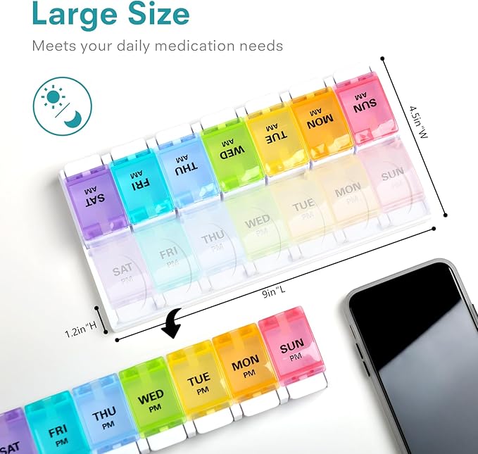 Sukuos AM PM Weekly 7 Day Pill Organizer, 2 Times A Day Pill Box with Arthritis Friendly Push Button, Medicine Cases for Vitamin/Fish Oil/Supplements, Easy to Clean (Black)