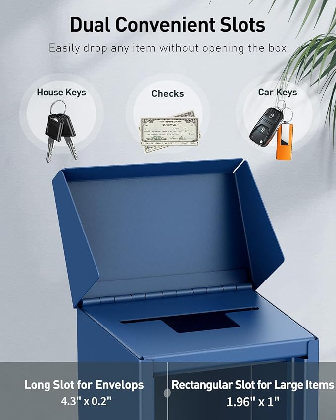 Uniclife Blue Metal Donation Box, Wall Mounted Mailbox for Outside | Safe Suggestion Box with Key Lock, Steel Key Drop Box for Outside, Cash Box for Home Office and Business