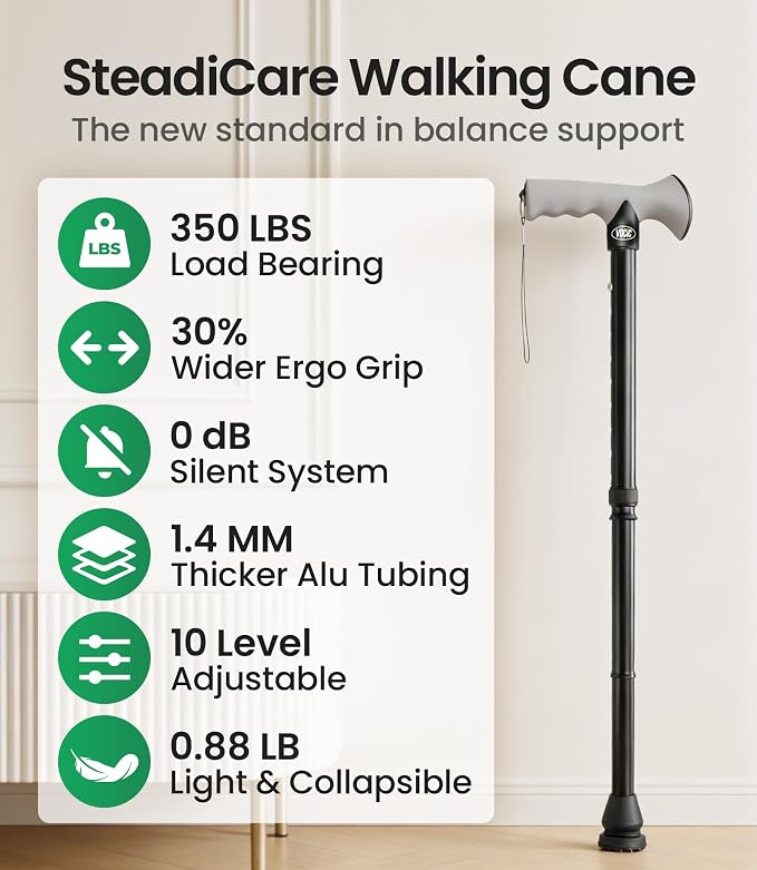 VOCIC Walking Cane for Men & Women, 10 Level Adjustable, 350lb Heavy Duty, Foldable & Collapsible Cane with Shock-Absorbing Tip & Travel Bag, Walking Sticks for Seniors & Adults