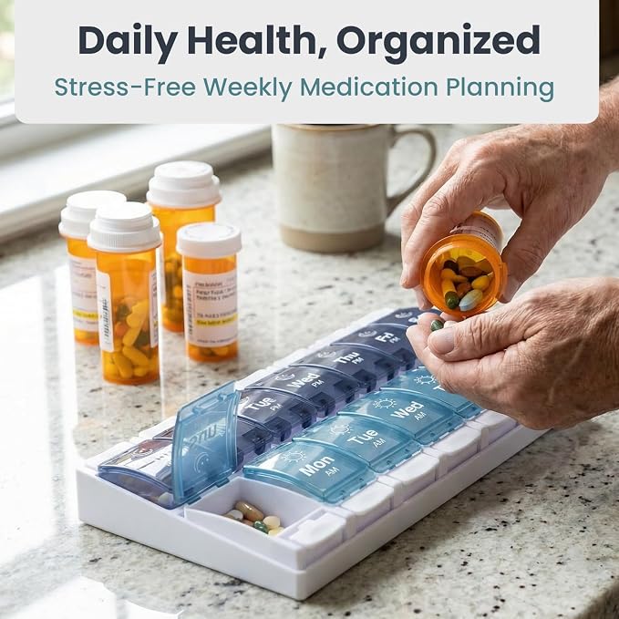 PELEGON Pill Organizer 2 Times a Day, Weekly Pill Organizer AM PM 7 Day, Large Medicine Pill Organizer with One-Touch Open, Extra Large Compartments, BPA Free Travel Pill Organizer for Daily Use