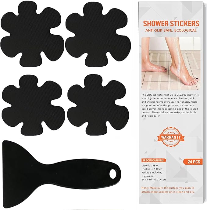 Non Slip Bathtub Stickers, 24 PCS Shower Safety Decals - Bathtub & Shower Floor Non Slip Stickers, Adhesive Decals Scraper for Stairs & Ladders (Flower Shape, Black)