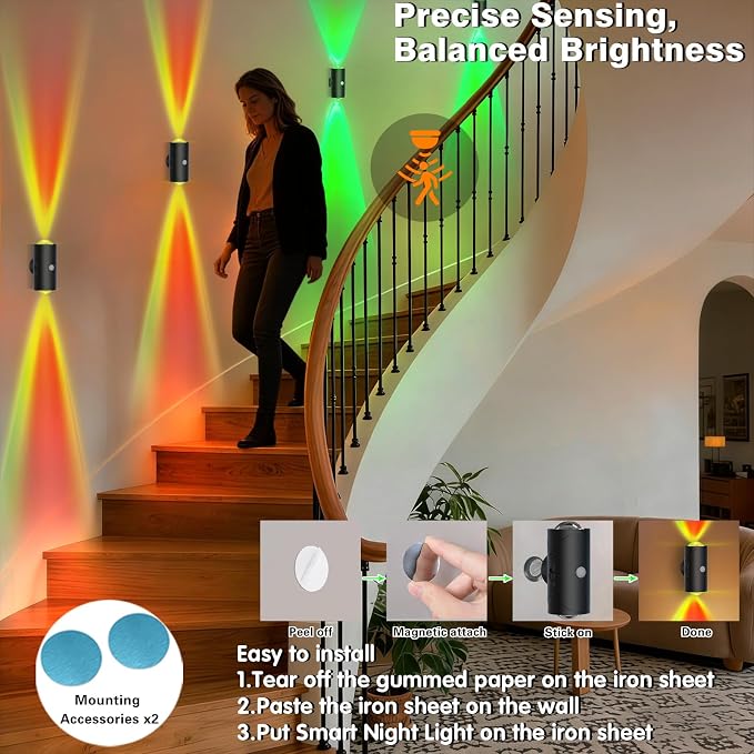 Rechargeable Motion Sensor Night Light, Magnetic RGB Wall Sconces 2 Pack | 7 Color Motion Sensor Light Indoor, 1500mAh LED Wireless Wall Sconces Battery Operated for Bedroom, Bathroom, Hallway, Stairs