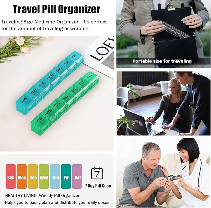 2 Pack Weekly Pill Organizer, Large 7 Day Pill Case, Daily Vitamin Case Medicine Box, AM/PM Pill Containers for Medicine Supplements Fish Oil (Blue & Green)