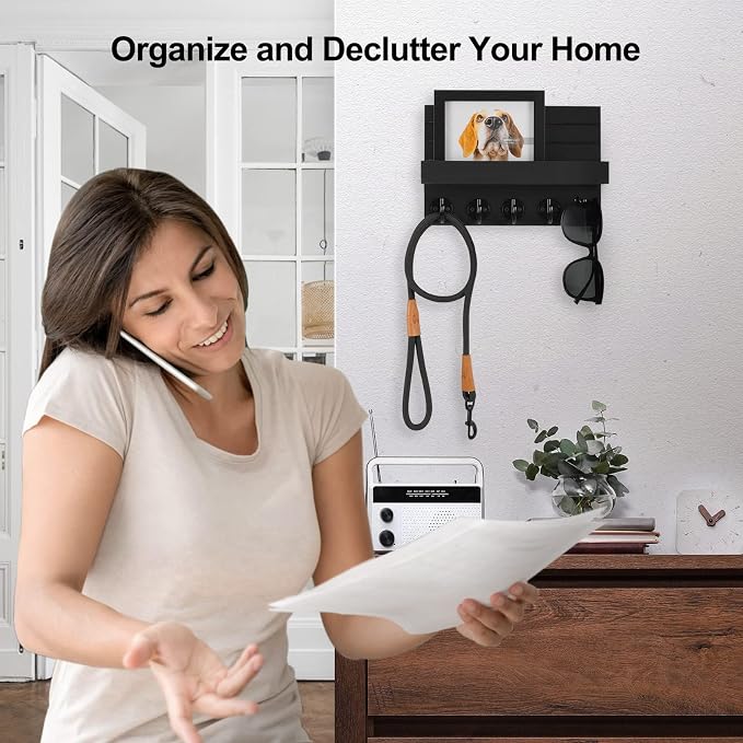 Lwenki Key Holder for Wall, Decorative Key and Mail Holder with Shelf Has Large Hooks for Bags, Coats, Umbrella – Paulownia Wood Key Hanger with Mounting Hardware (9.8”W x 6.7”H x 4.2”D)