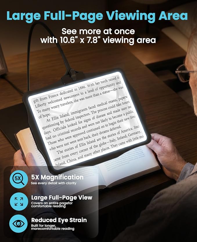 5X Full Page Magnifying Glass with Light and Stand for Reading | 10.6" x 7.8" large lens, reading magnifier for books with hands-free stand; for seniors, low vision, crafts & close wor