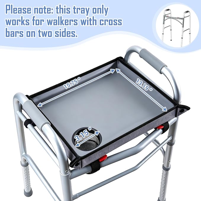 Walker Tray with Cup Holder – Universal Hard Top Walker Accessory for Seniors | Adjustable Side Panels, Waterproof & Easy to Install, With Cup Holder Keeps Drinks Stable, Universal Fit, No Tools Required