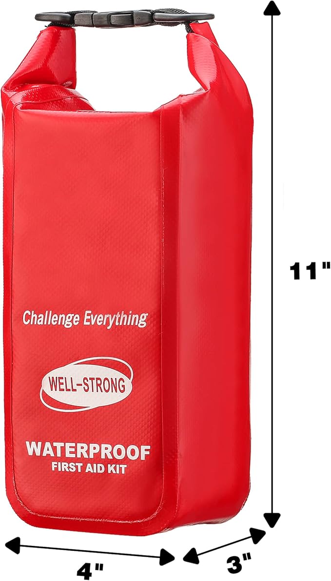 WELL-STRONG Boat First Aid Kit with Survival Tools, 123pcs Waterproof Emergency Marine Kit with Buckles, Compact Boat Safety Accessories for Fishing Kayaking Boating Camping Rafting Beach Red