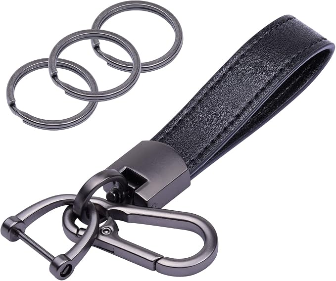 Wisdompro Genuine Leather Car Keychain, Universal Key Fob Keychain | Leather Car FOB Key Chain Holder for Men and Women, 360 Degree Rotatable, with Anti-lost D-ring and 3 Keyrings