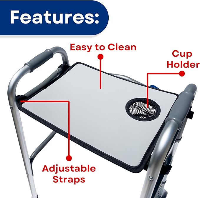 RMS Walker Tray with Cup Holder and Straps | Fits Most Standard Folding Walker, Mobility Walker Accessories and Medical Table for Seniors or Individuals with Disability