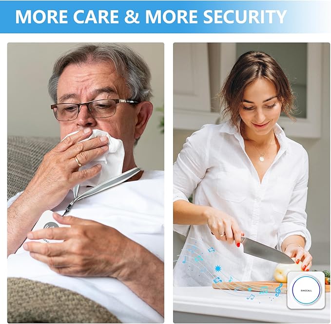 SINGCALL Wireless Portable Caregiver Pager Panic Alarm System Personal Alarm for Elderly/Kids/Pregnant/Patients 32 Chimes & 0-100dB Volume 1 Rechargeable Portable Receiver+ 2 Emergency Call Buttons
