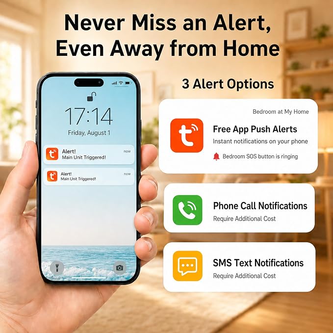 SanJie WiFi Caregiver Pager with Remote App Alerts & Family Sharing, IP55 Water-Resistant Call Button for Elderly at Home, Recovery Care & Night Care, 110dB Loud Alarm & 20 Chimes (Only 2.4GHz Wi-Fi)